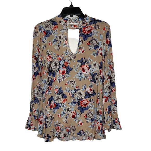 Altar'd State Blouse Size Small Tan‎ Multi Color Floral Flare Sleeves Womens Top - Picture 1 of 6